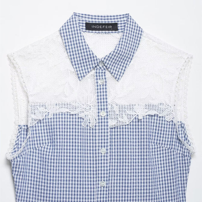 Plaid Lace-Trim Sleeveless Shirt