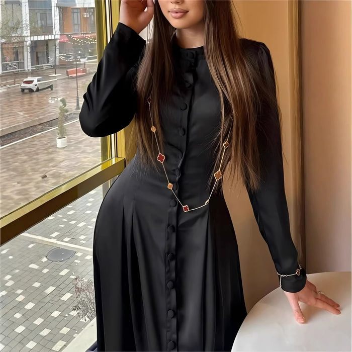 Buttoned-Waist Long-Sleeve Maxi Dress
