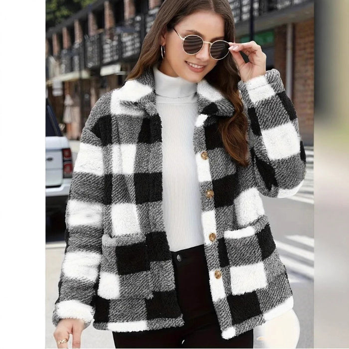Plaid Fleece Coat with Patch Pockets
