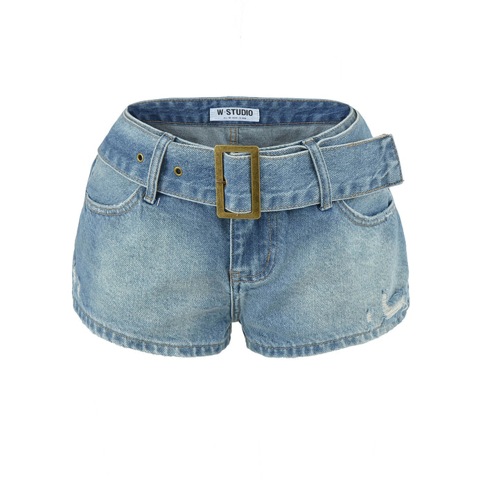 Belted High-Waist Denim Shorts