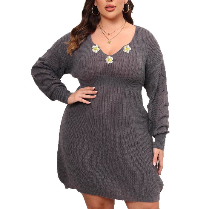 Crochet-Panel V-Neck Knit Dress