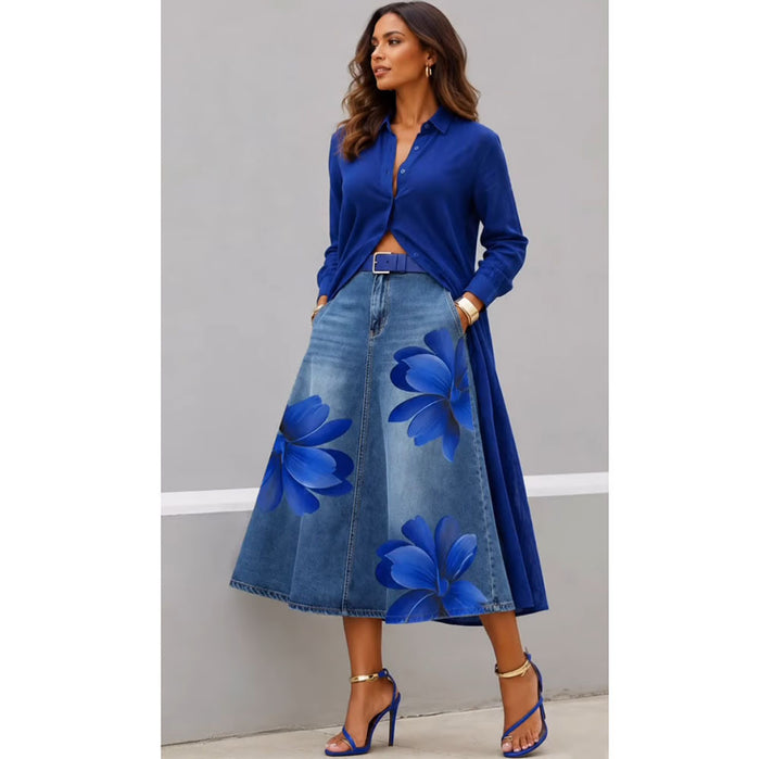 Floral Washed-Denim Midi Skirt