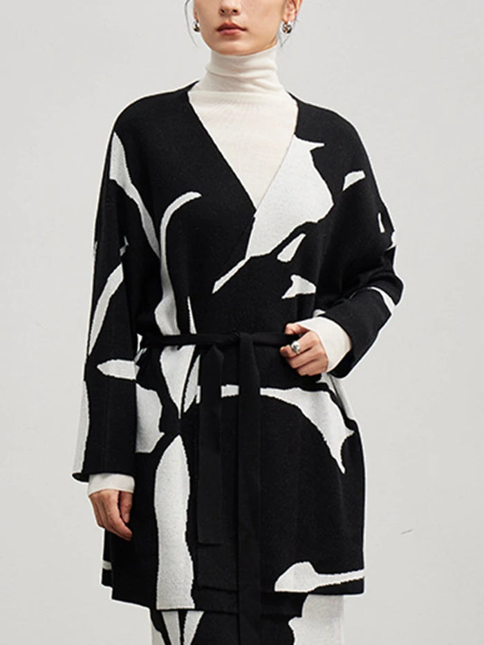 Colour-Block Lace-Up V-Neck Cardigan