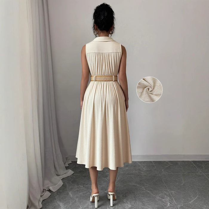 Robe chemise sans manches en V à patte de boutonnage, taille ceinturée et ourlet en A