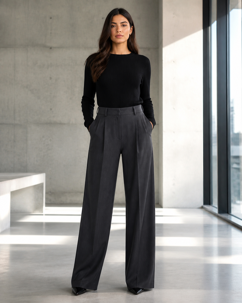 Woman wearing charcoal wide-leg tailored trousers