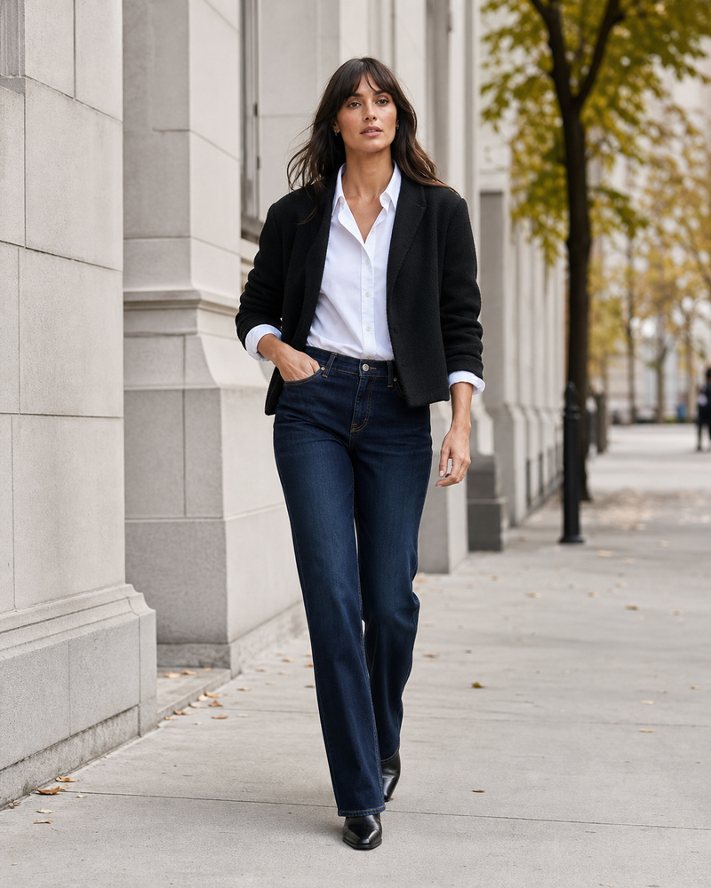 Woman wearing dark indigo jeans, a white shirt, and a black jacket