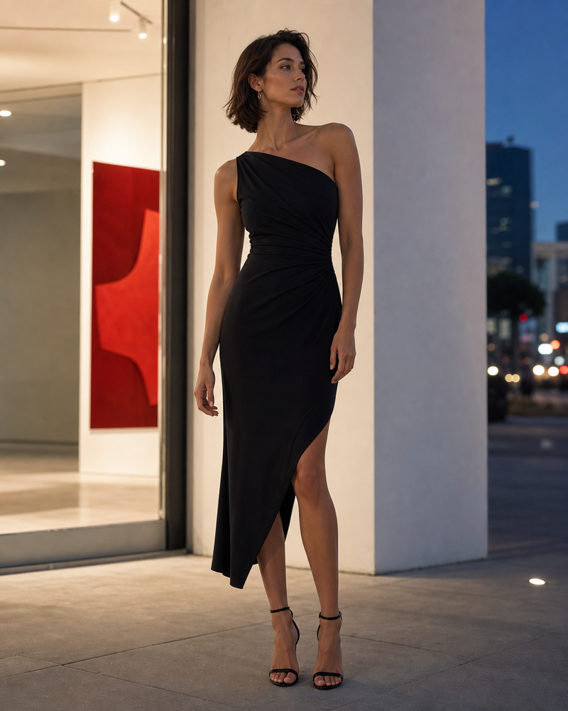 Woman wearing a black asymmetric midi dress outside a modern gallery