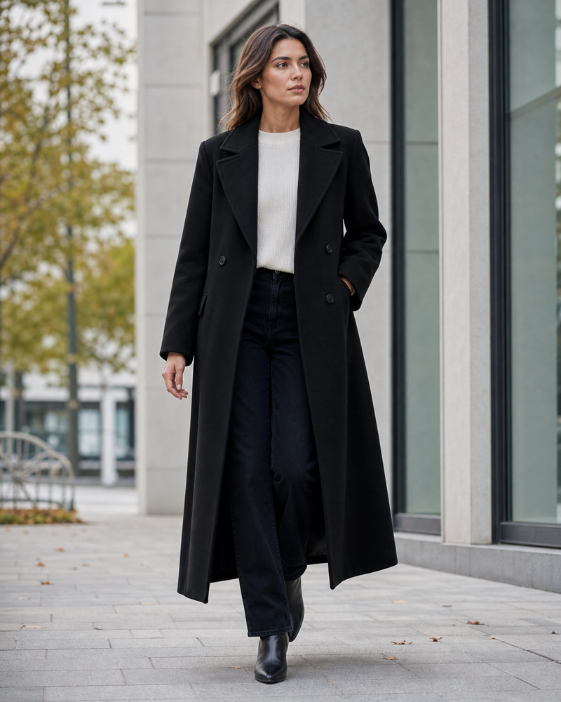 Woman wearing a long black coat over a white knit and dark denim