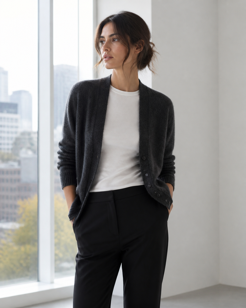 Woman wearing a charcoal cardigan with a white tee and black trousers