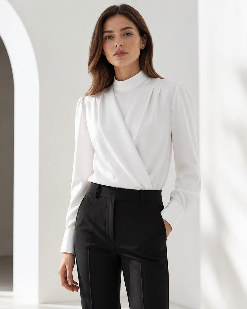Woman wearing a white blouse with black tailored trousers