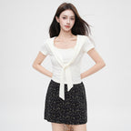 Cape-Layer V-Neck Crop Top