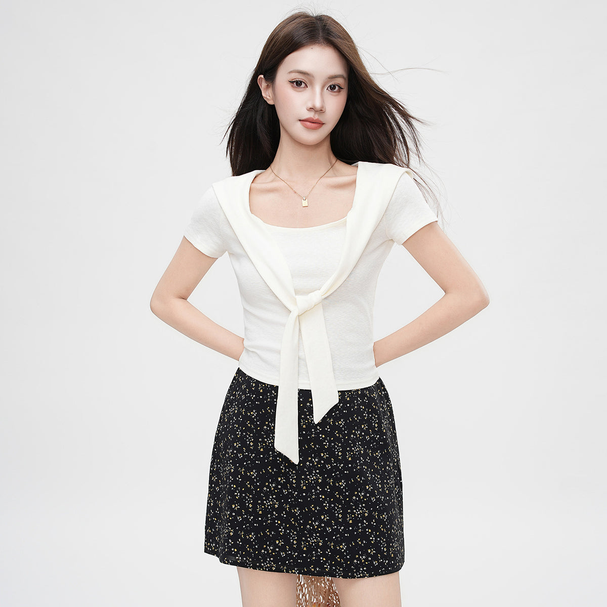 Cape-Layer V-Neck Crop Top