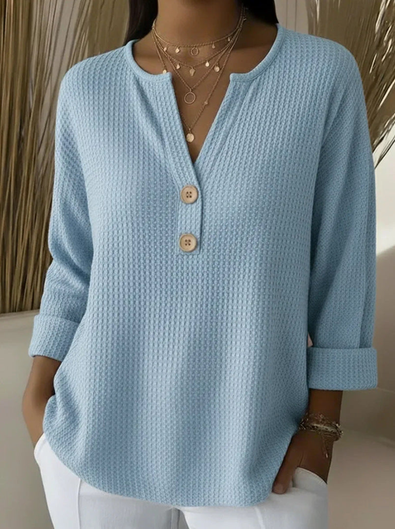 Pull femme en maille gaufrée à col en V, couleur unie, décontracté, à manches longues