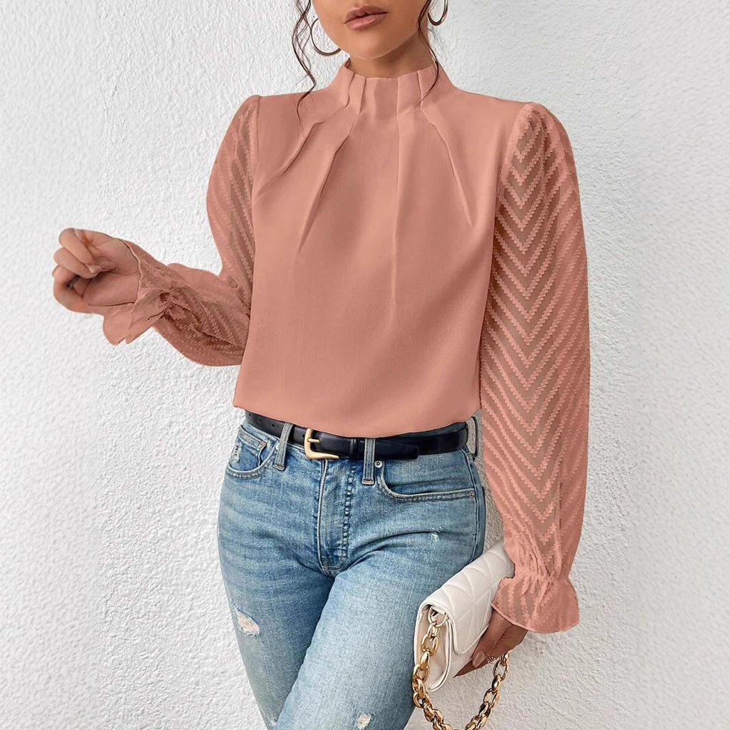High-Neck Wave-Panel Chiffon Blouse
