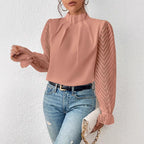 High-Neck Wave-Panel Chiffon Blouse