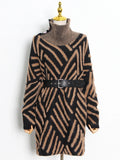 Striped Turtleneck Belted Sweater