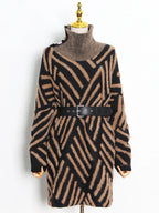 Striped Turtleneck Belted Sweater