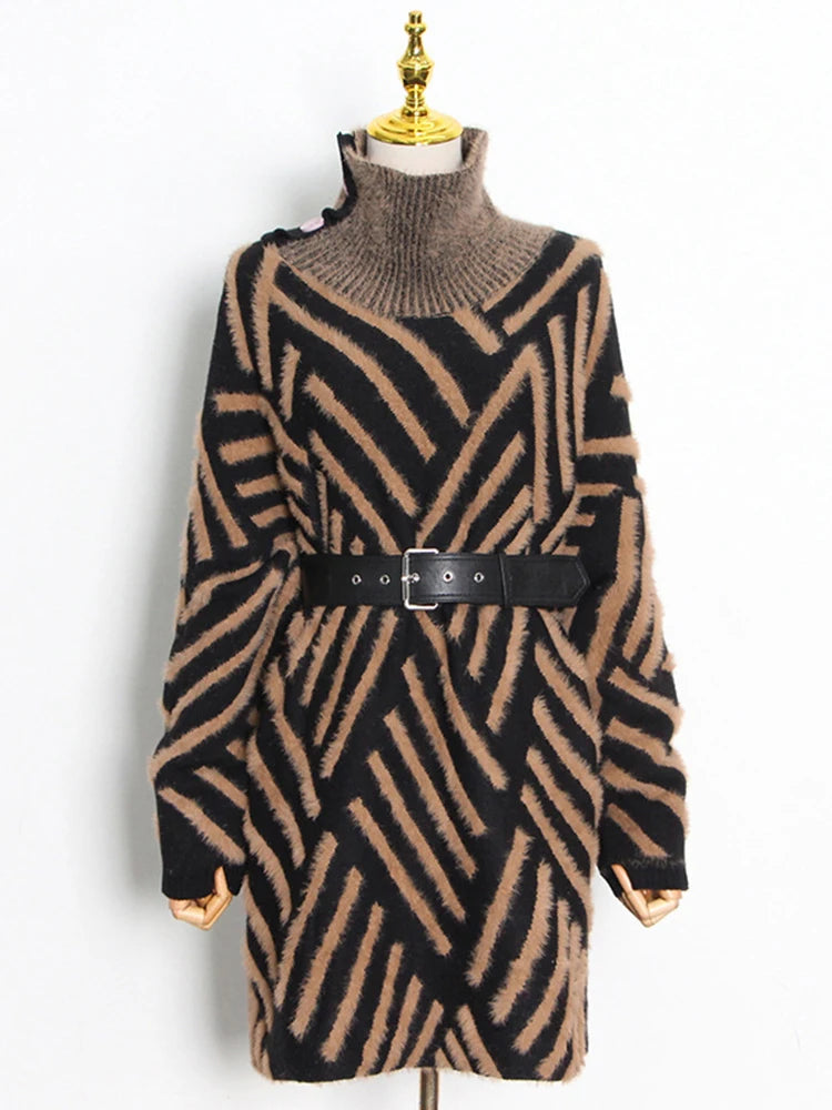 Striped Turtleneck Belted Sweater