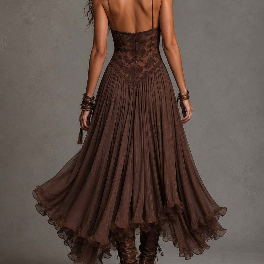 Vintage-Print Chiffon Maxi Dress in Coffee Brown