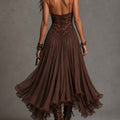 Vintage-Print Chiffon Maxi Dress in Coffee Brown