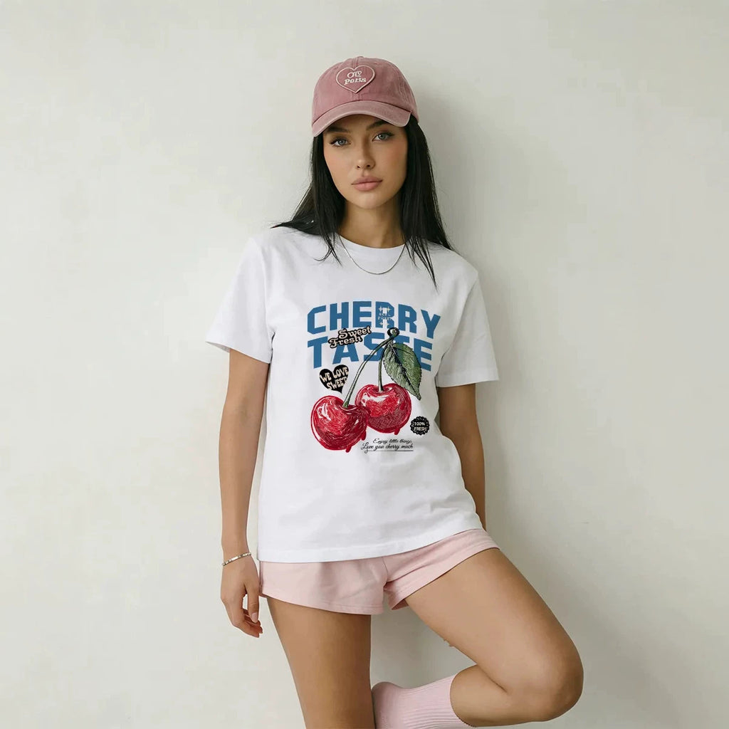 Camiseta de puro algodón con estampado de letras y cerezas