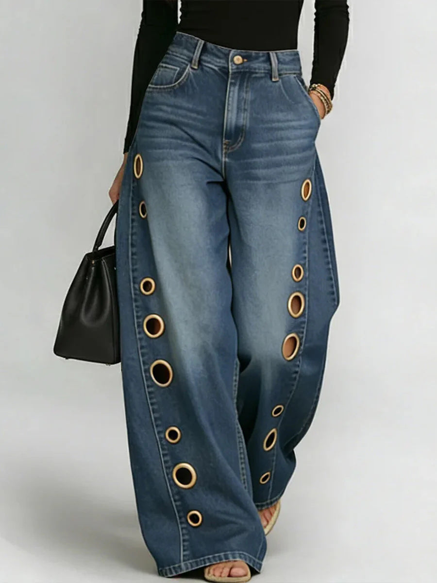Eyelet High-Waist Wide-Leg Jeans