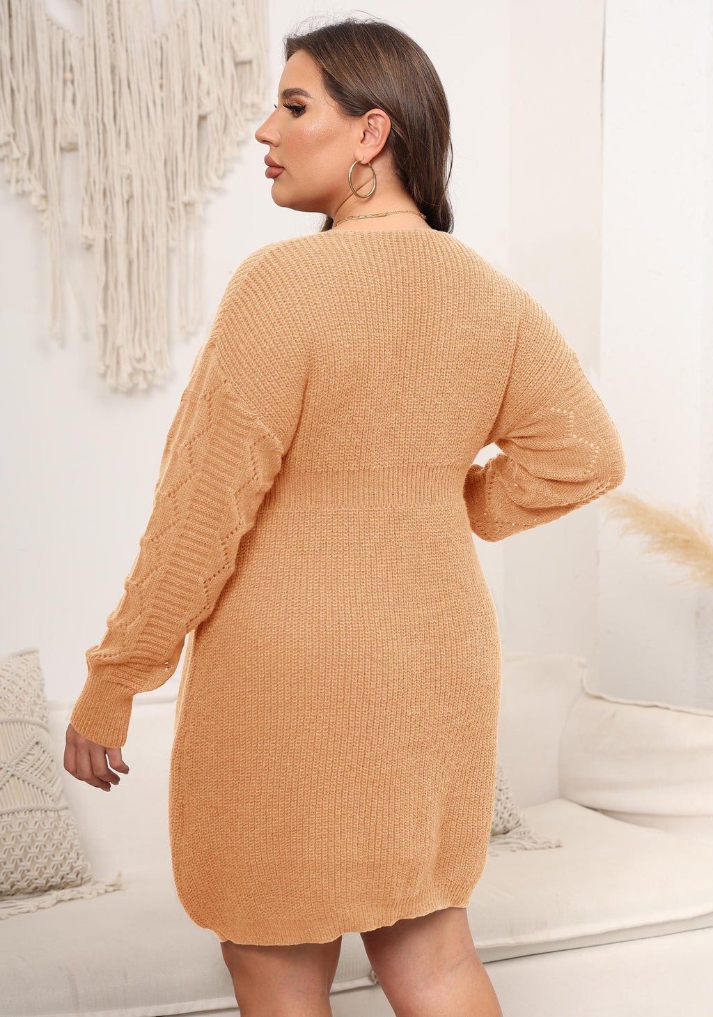 Crochet-Panel V-Neck Knit Dress — product image 10