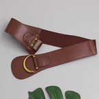 Wide gold-buckle belt side view