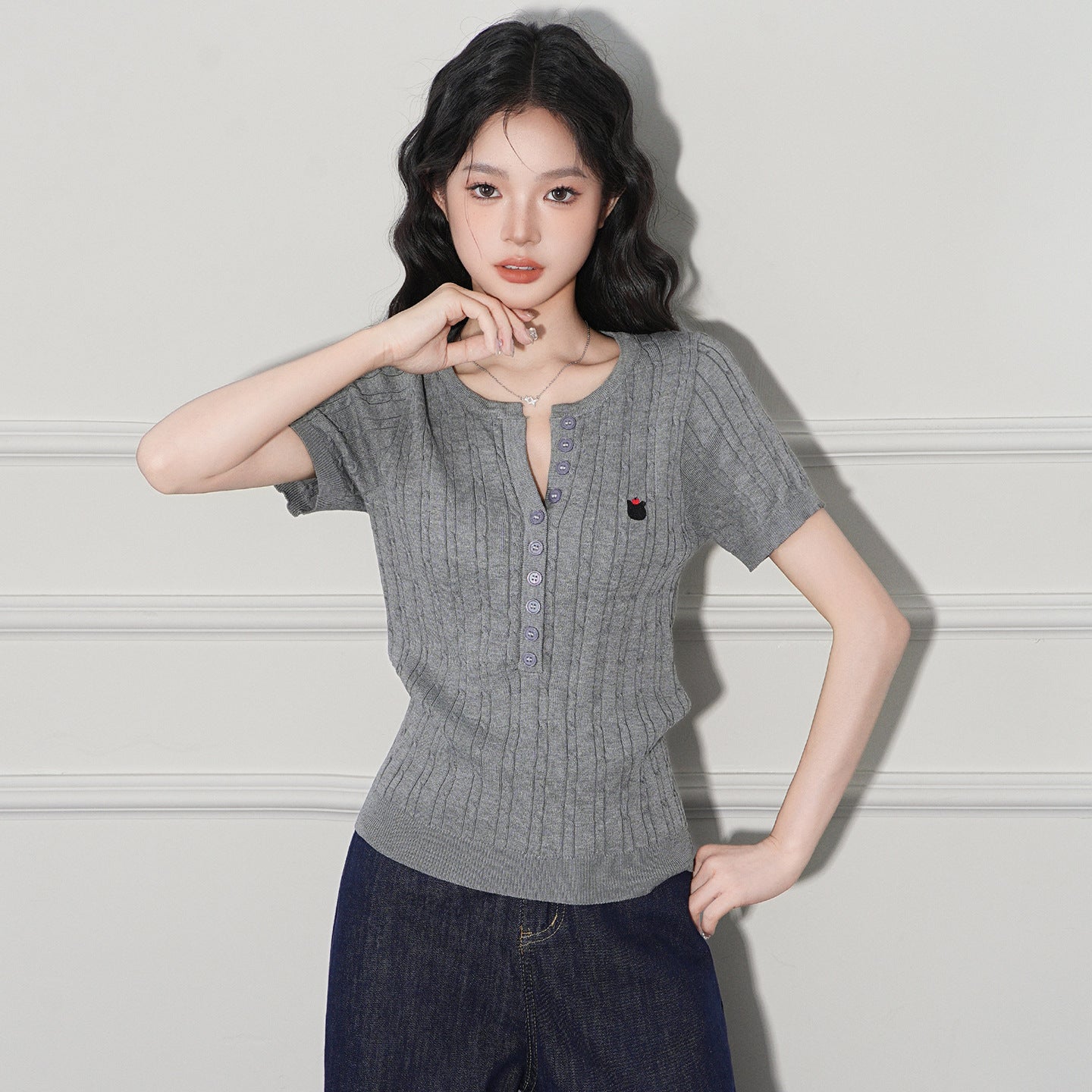 Cable-Knit V-Neck Short-Sleeve Top