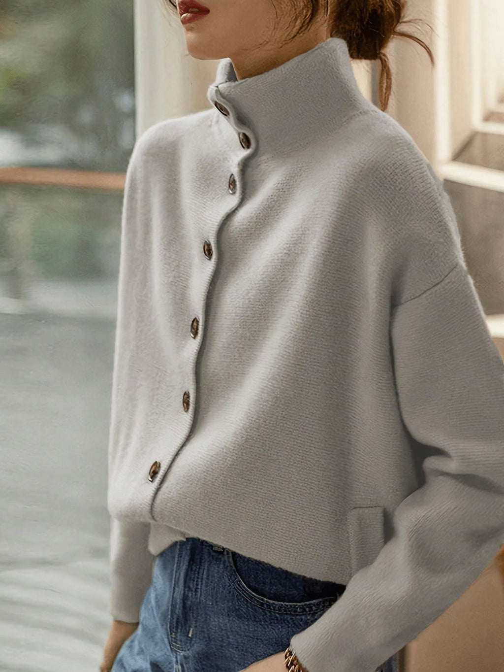 Stand-Collar Single-Button Knit Cardigan - view 5
