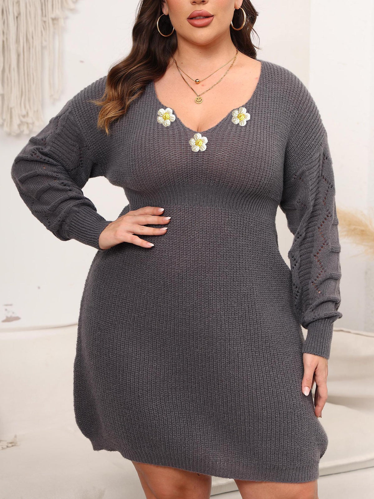 Crochet-Panel V-Neck Knit Dress — product image 11