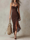 Pleated Lace-Trim Strap Maxi Dress