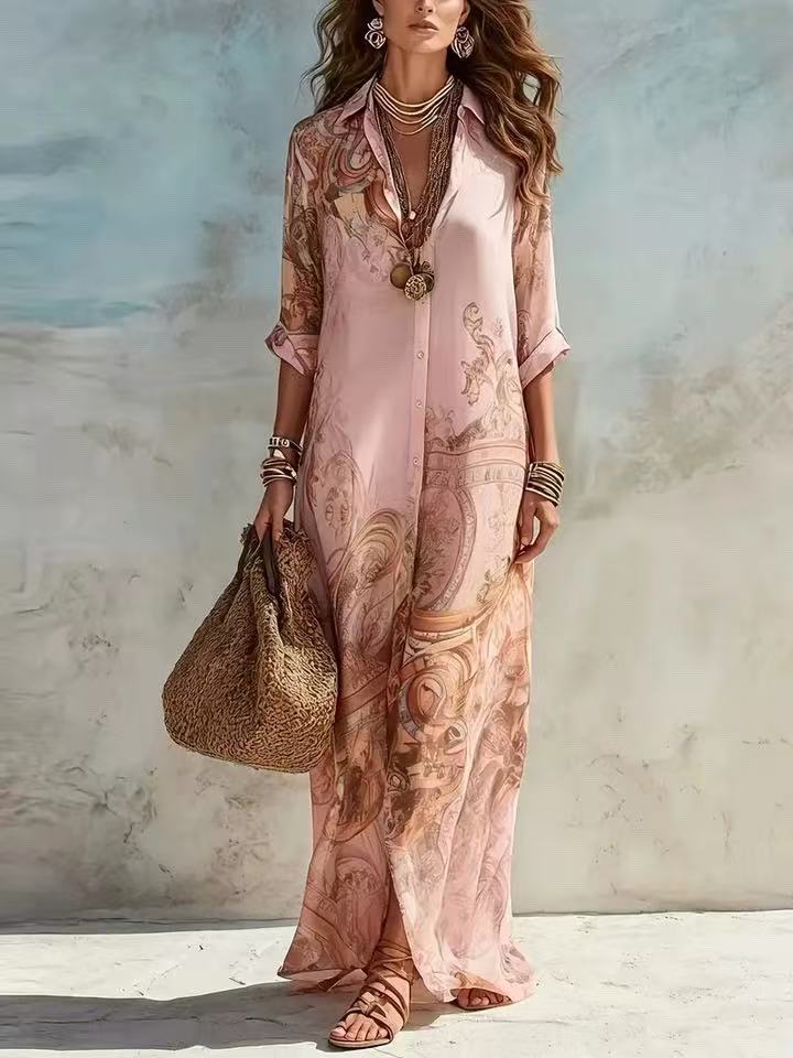 Vestido de chifón con estampado digital, estilo vintage fresco y fluido para mujer
