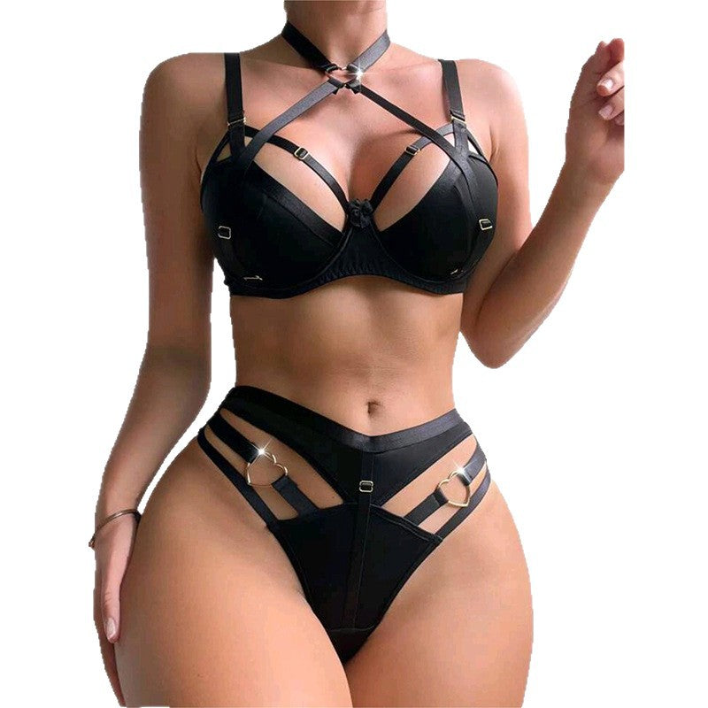 Lingerie deux pièces ajourée noire transparente pour femme