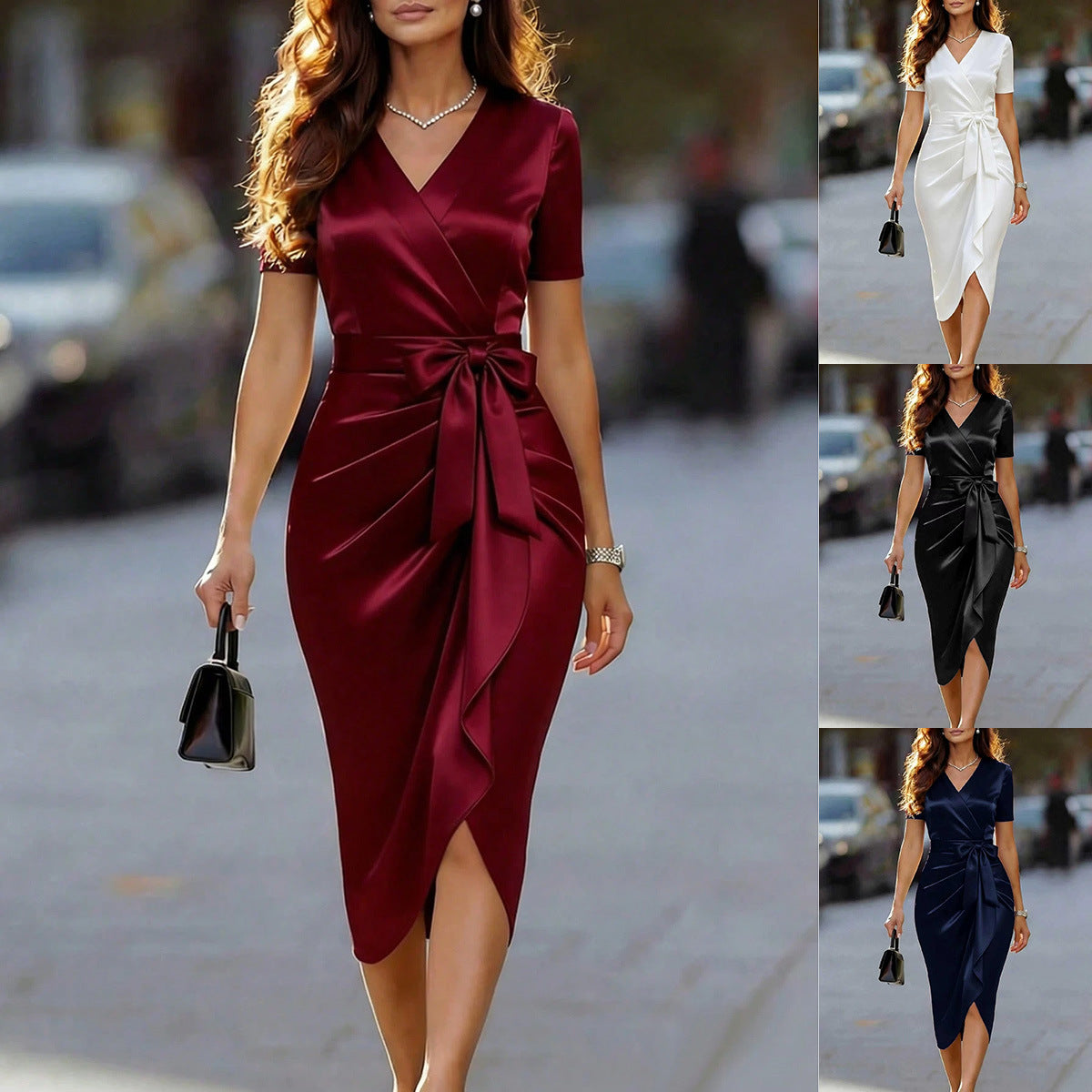 Bow-Detail V-Neck Midi Dress — product image 1