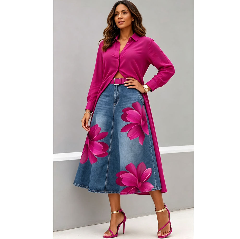 Floral Washed-Denim Midi Skirt — product image 1