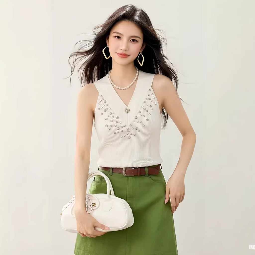 Rhinestone V-Neck Knit Vest