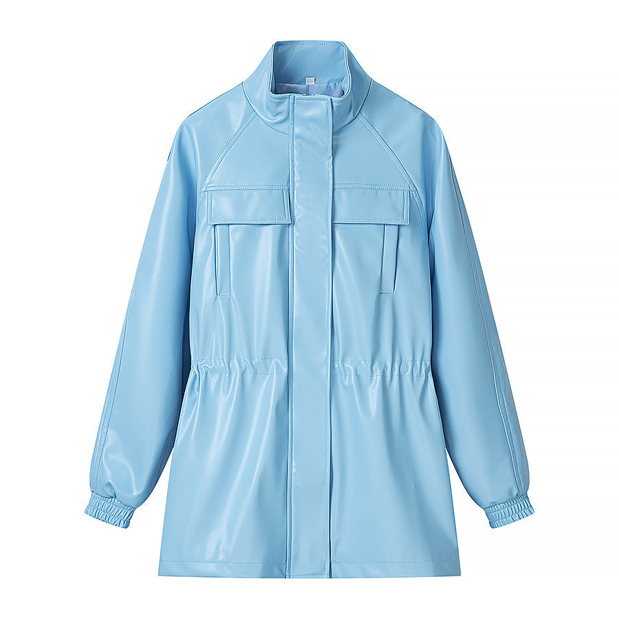 Stand-Collar Belted Faux-Leather Jacket