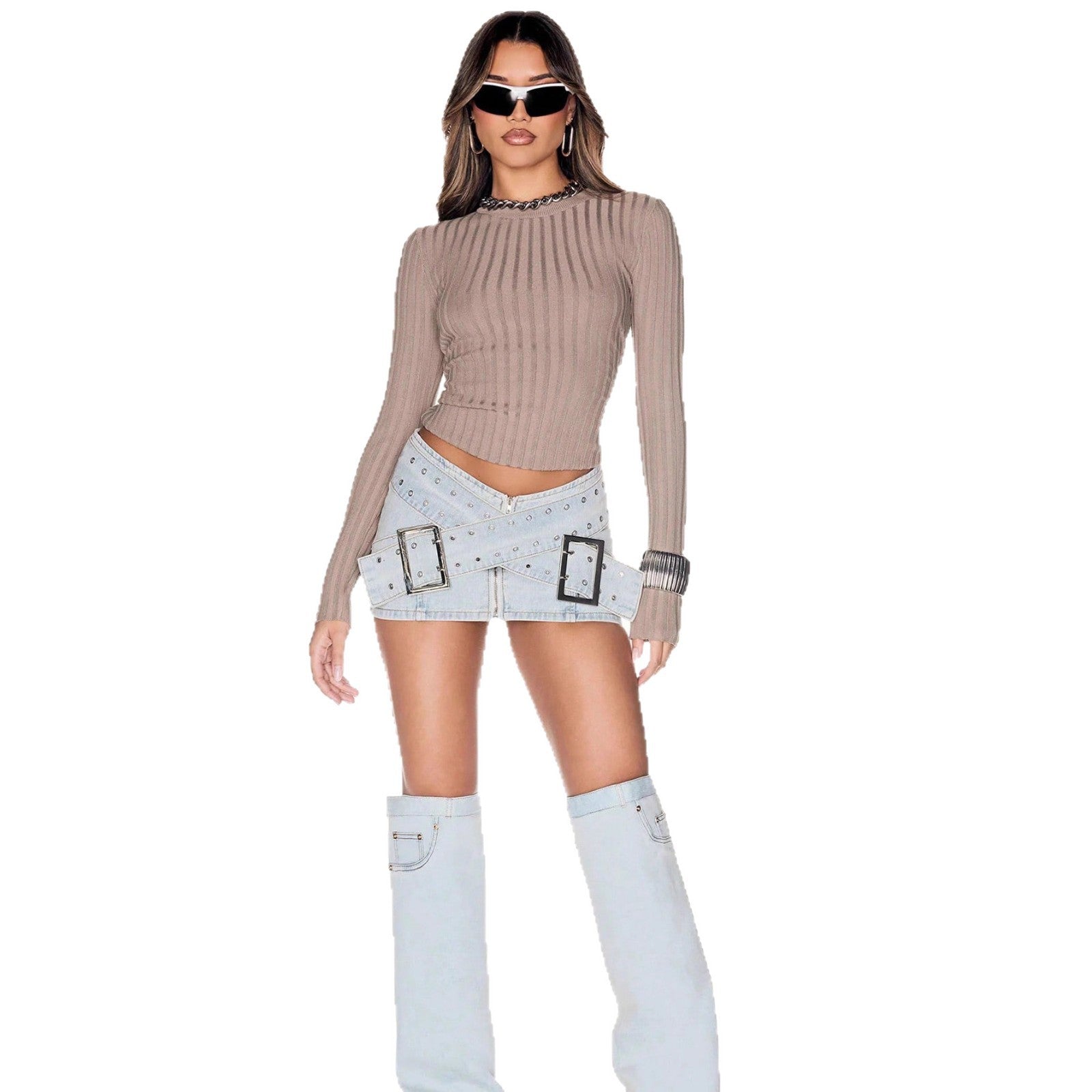 Buckle-Waist Denim Mini Skirt