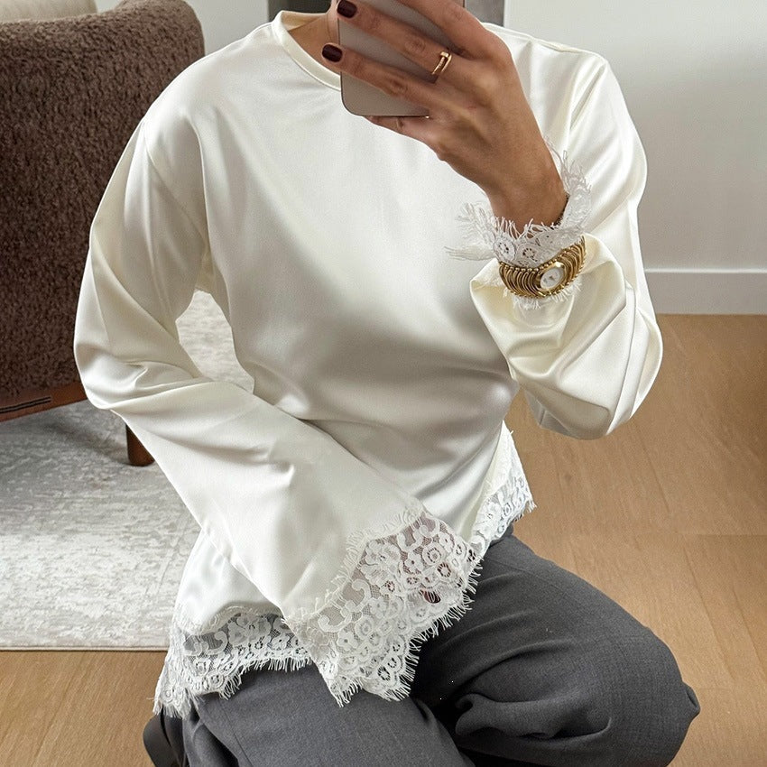 T-shirt à manches longues col rond couleur unie ourlet irrégulier