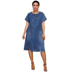 Robe en jean décontractée à manches courtes fendues et ourlet arrondi