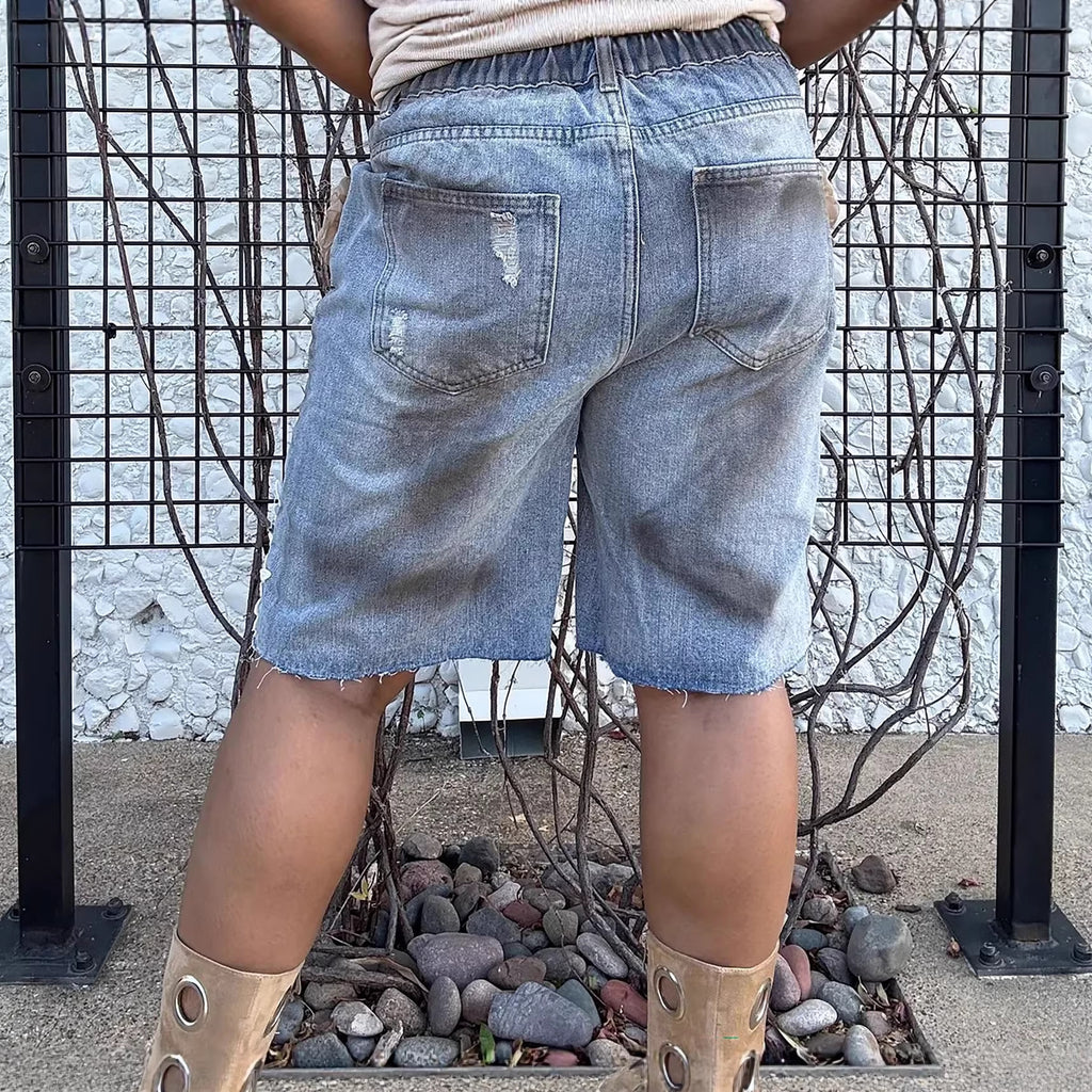 Floral Lace Distressed Denim Shorts