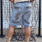 Floral Lace Distressed Denim Shorts