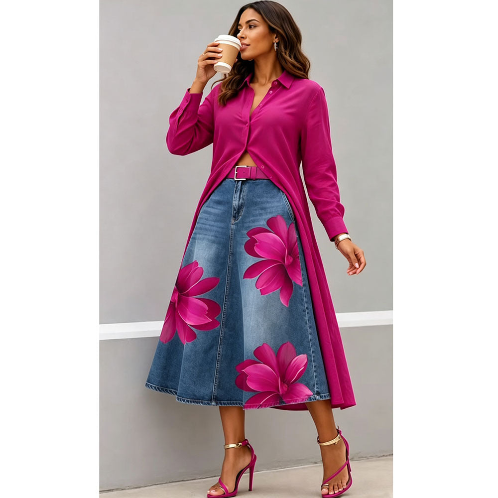 Floral Washed-Denim Midi Skirt — product image 2
