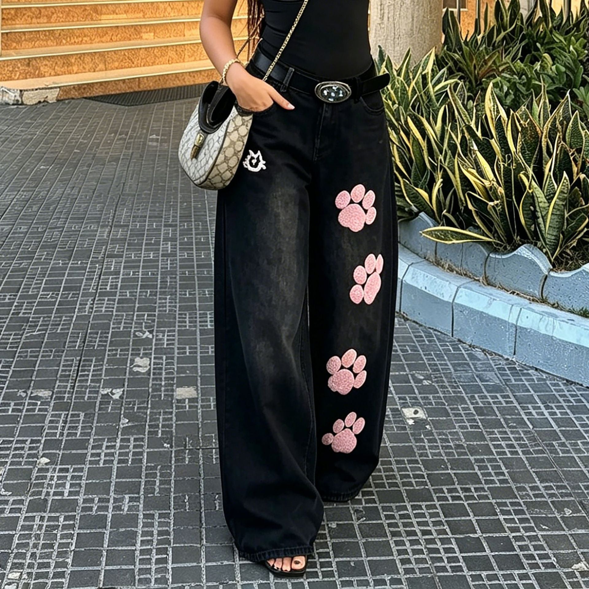 Cat-Paw Embroidered Wide-Leg Jeans