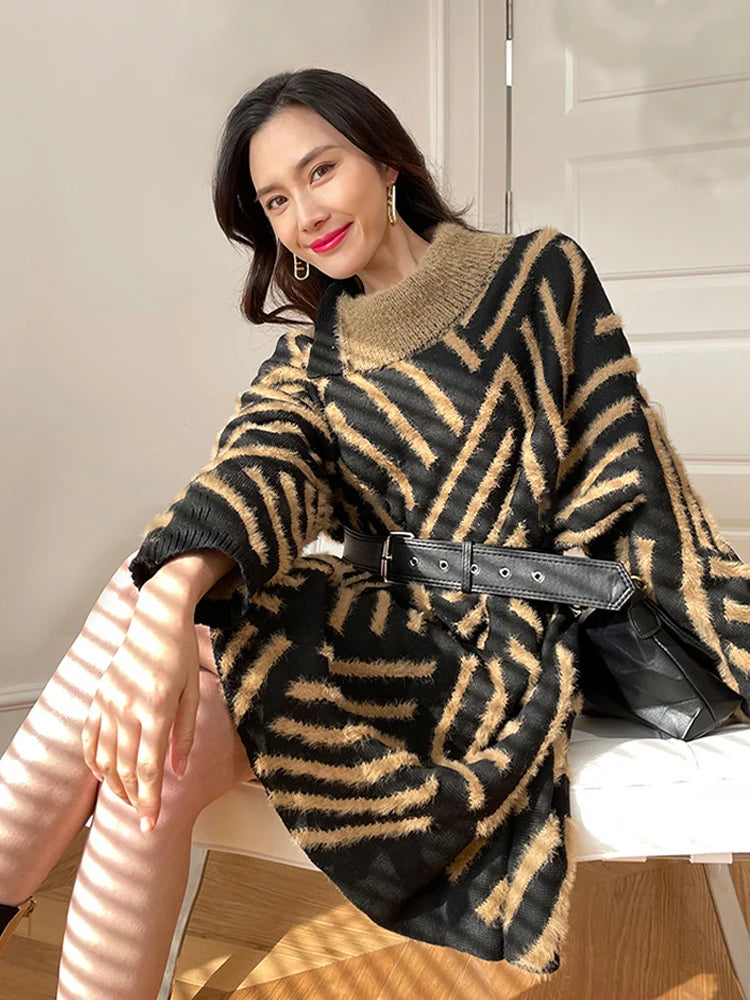 Striped Turtleneck Belted Sweater