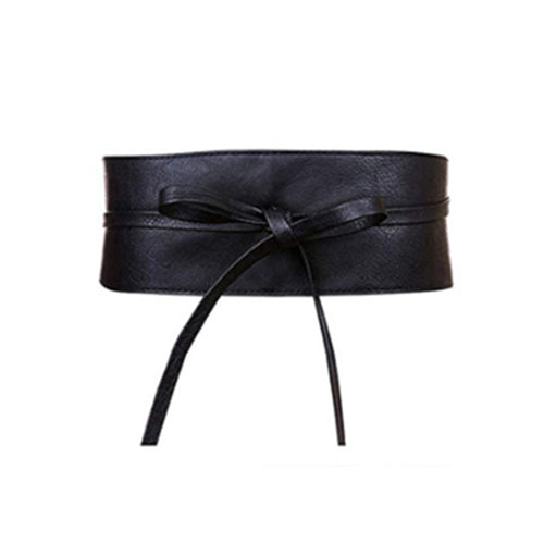 Black faux-leather obi waist belt with bow tie