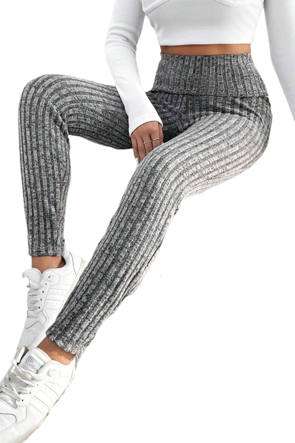 Legging en maille texturée côtelée à large ceinture gris foncé