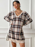 Colour-Block Plaid Knitted Midi Dress - view 6