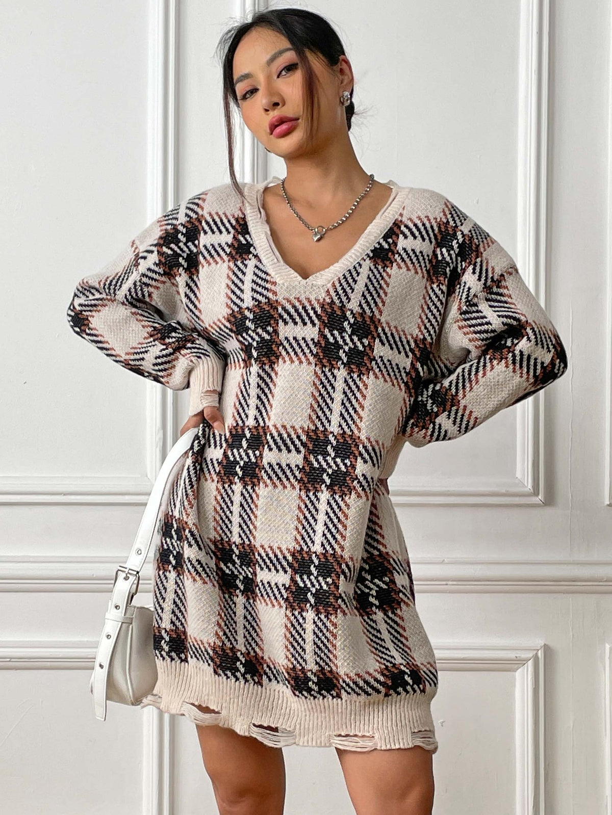 Colour-Block Plaid Knitted Midi Dress - view 6